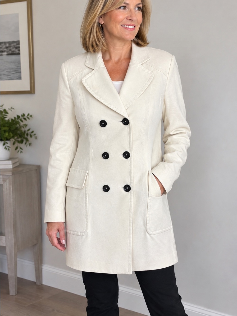 Steilmann Ivory White Double-Breasted Trench Coat Size 6